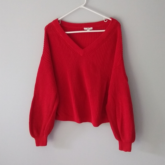 bp Sweaters - BP Wide V Neck or One Shoulder Cotton Sweater, Loose Slouchy Sleeves, Medium